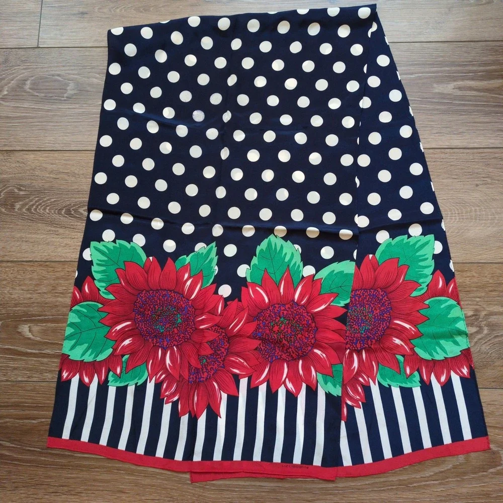 Vtg Liz Claiborne Graphic Floral Silk Scarf -‎ Stripes Polka Dot Red White Black